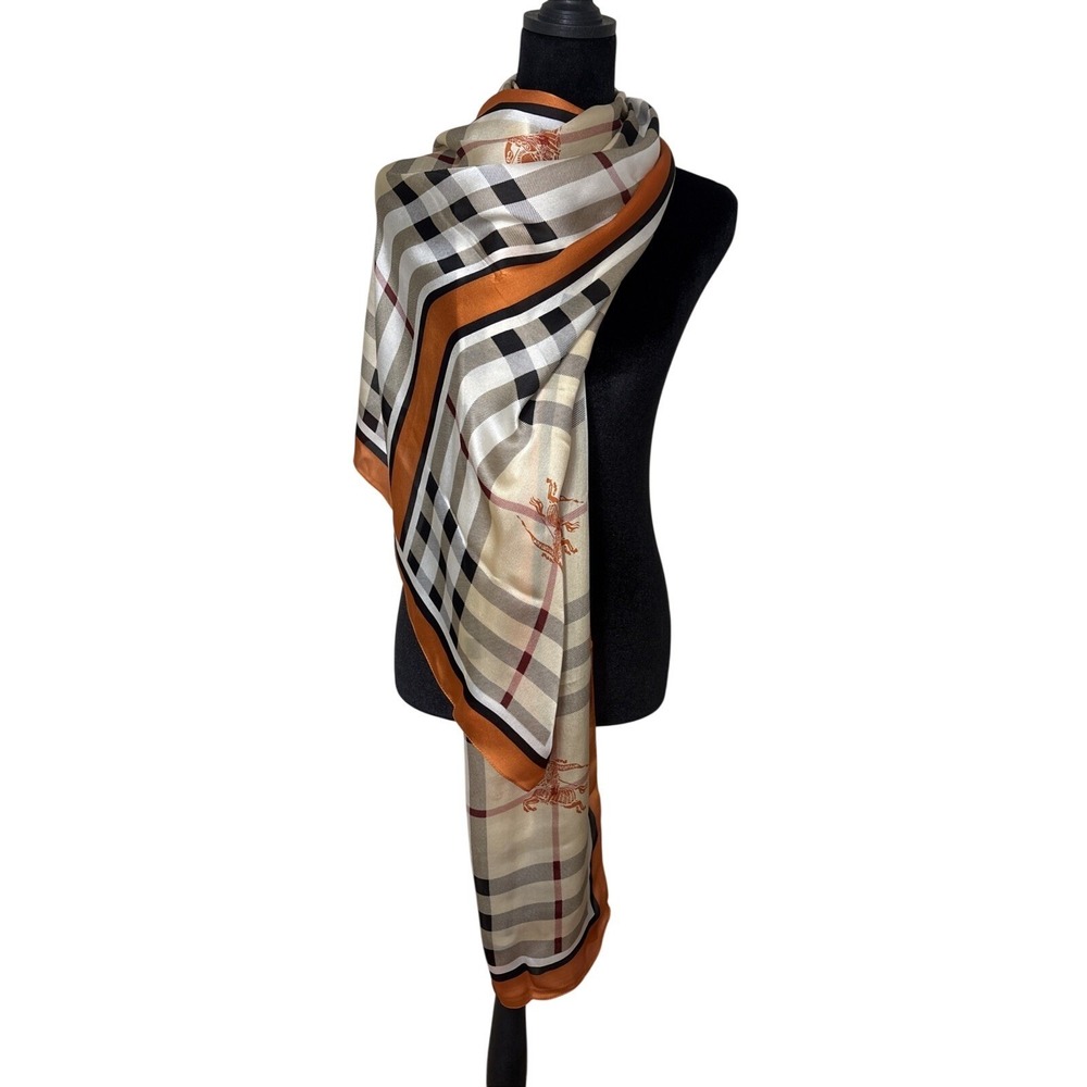 Burberry Silk Scarf Nova Check Knight Print Orange Trim Made in Italy Luxury - Picture 1 of 5